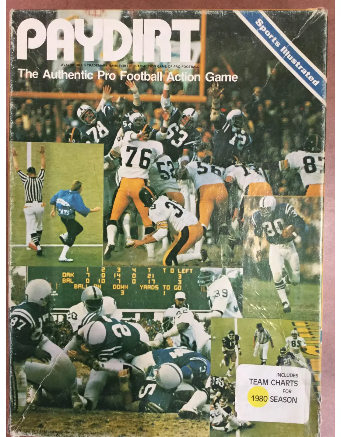 The worn Paydirt box from Sports Illustrated, with a sticker reading Includes team charts for 1980 season